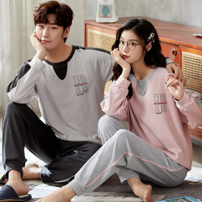 Couple's Pijama Sets M-3XL Autumn Spring Pajamas Lovely Cartoon Sleepwear Cotton Pyjamas For Women Man Top Pant Leisure Outwear