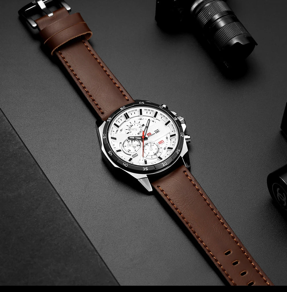Top Men Watch Sports Style 46mm Large Leather Racing Style Casual Fashion Original Black Rose Gold Calendar Quartz Watch Relogio