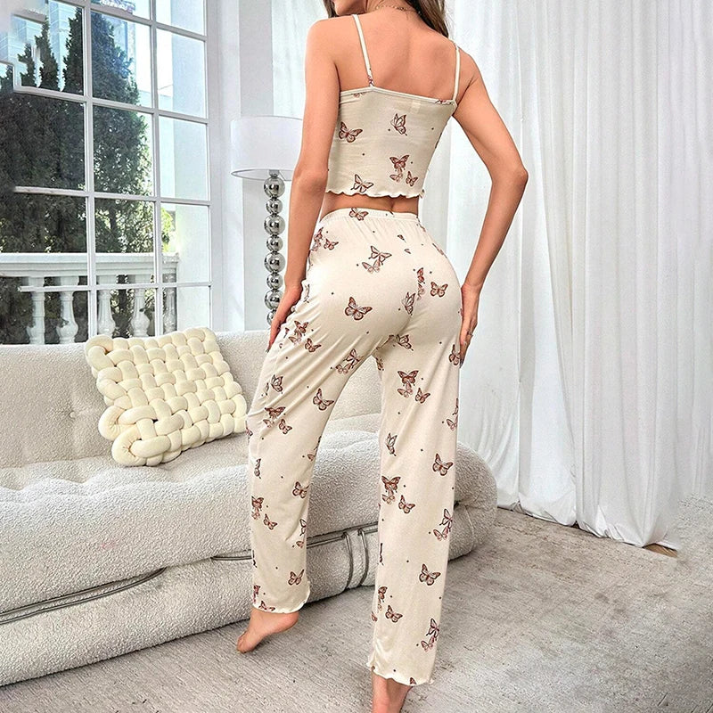 Women's Pajama Set Soft&Comfortable Home Clothes Pyjama Femme Floral Print Round Neck Frill Trim Cami Top & Pants Lounge 2 Piece