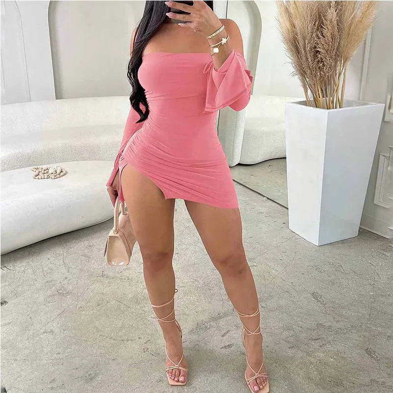 Women's Black Strapless Backless Mini Dress Off-Shoulder Long Sleeve Bodycon Club Party Dress for Women