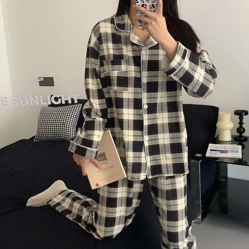 Pyjama respirant à manches longues pour femmes, vêtements de nuit pour étudiants, cardigan à rayures grises, vêtements d'intérie