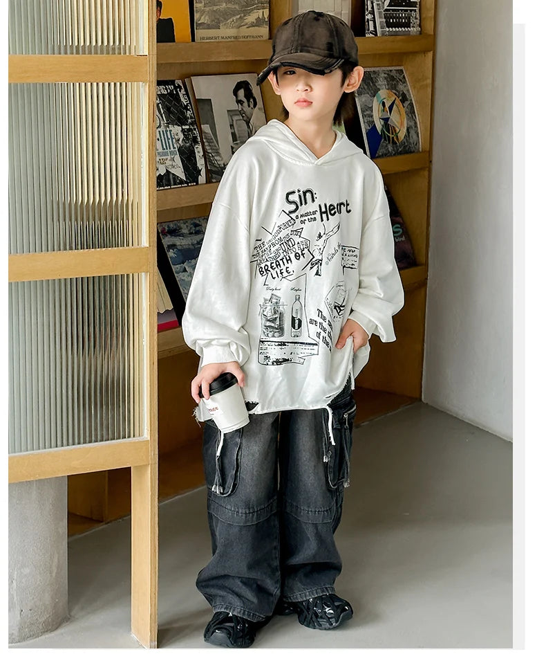 Hoodie Kids Boys 2024 Autumn Teenager Clothes Kids Casual Cotton Hooded Sweatshirt Tops Costume 5 6 7 8 9 10 11 12 13 14 Years
