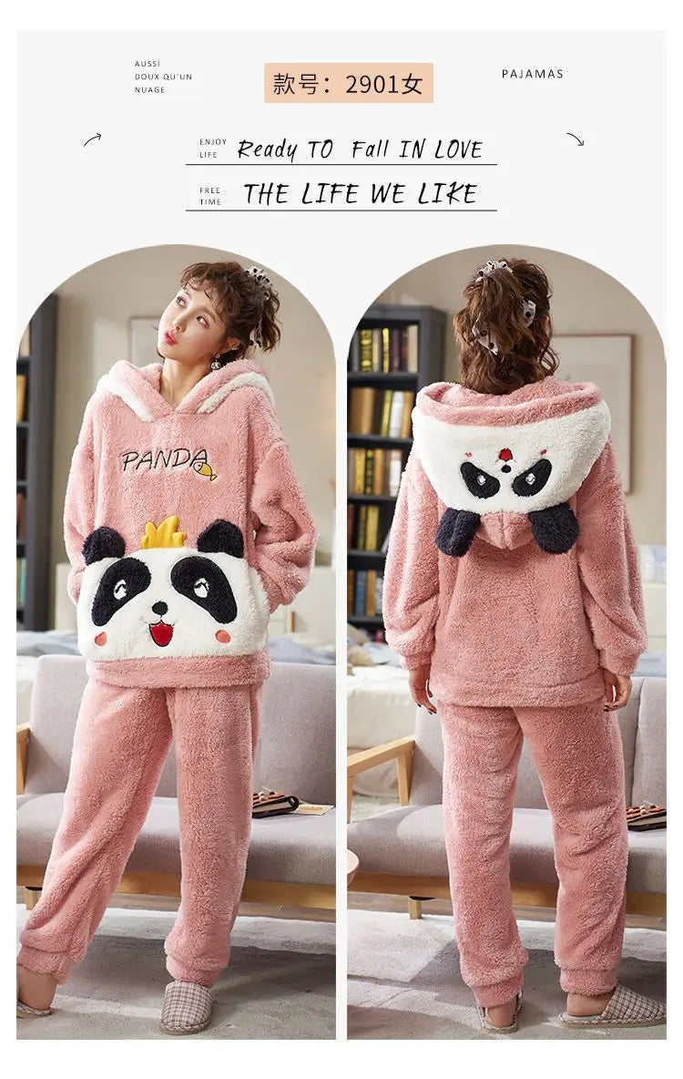 Couples Pajamas Women Men Winter Thicken Pyjamas Sleepwear Cartoon Dinosaur Korean Lovers Homewear Soft Warm Hoodies Pijama