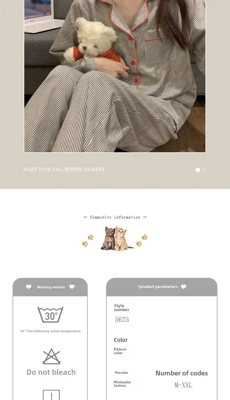 Pyjama respirant à manches longues pour femmes, vêtements de nuit pour étudiants, cardigan à rayures grises, vêtements d'intérie