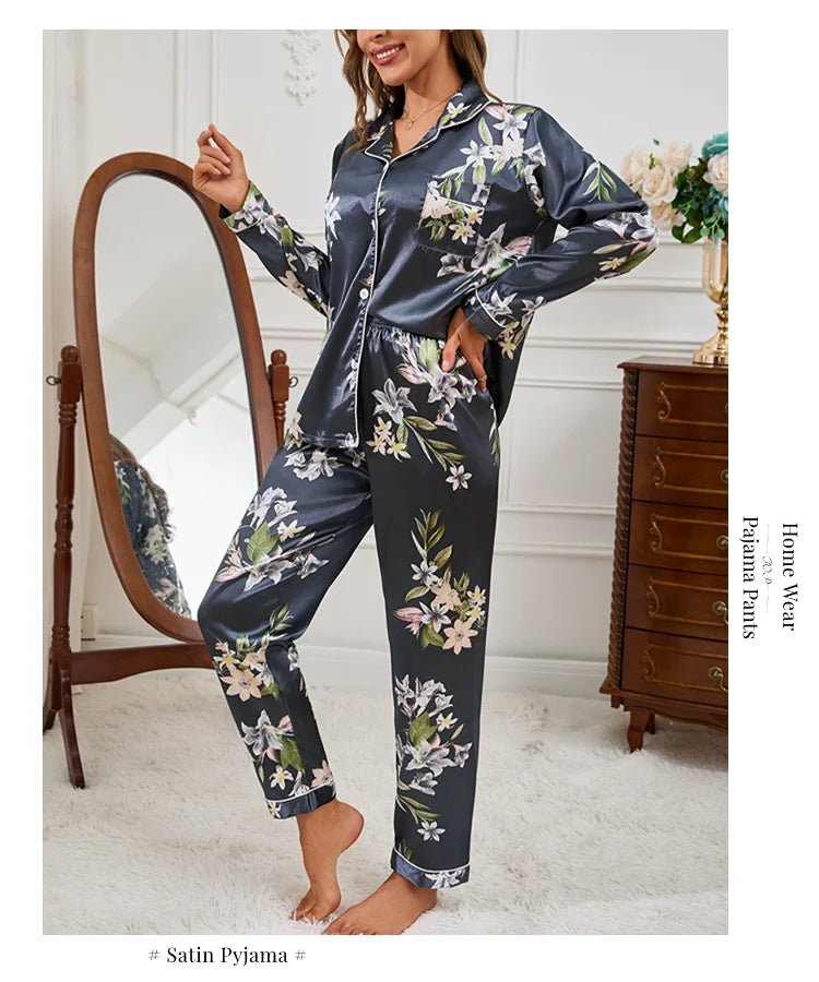 Pajamas For Women Home Clothes Autumn Satin Flower Print Sleepwear Long Sleeve Tops Pajama Pants Nightwear 2 Piece Pyjama Femme