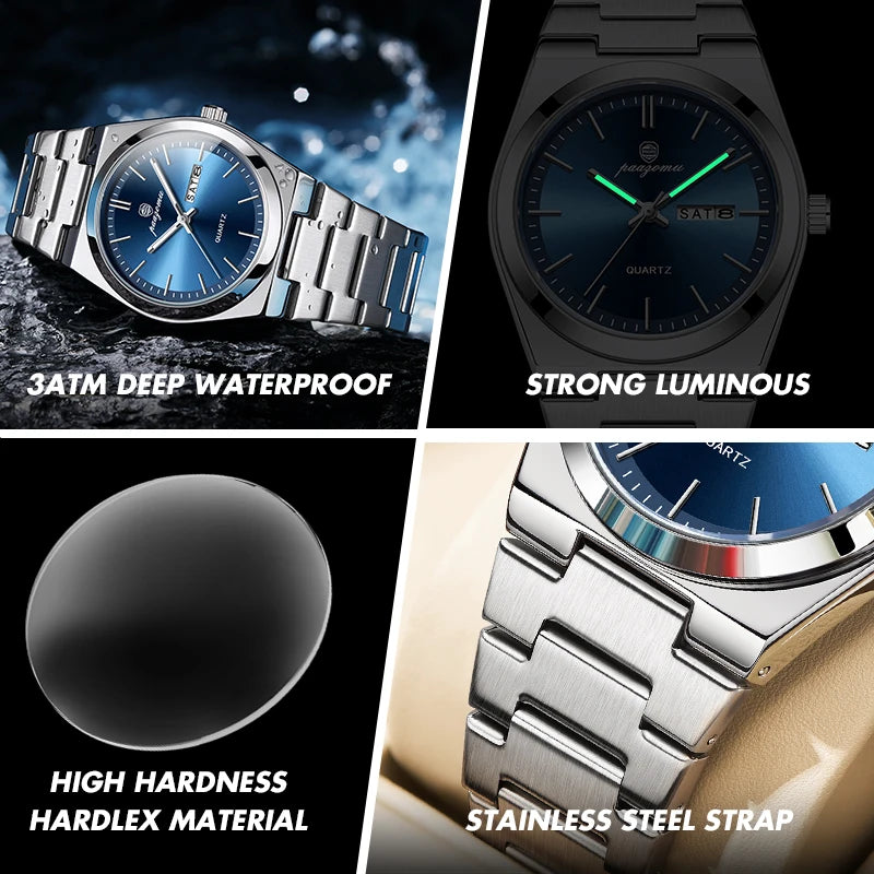 PAAZOMU Luxury Quartz Man Wristwatch Sport Men Watches Waterproof Luminous Date Week Stainless Steel Men's Watch Male Reloj+box