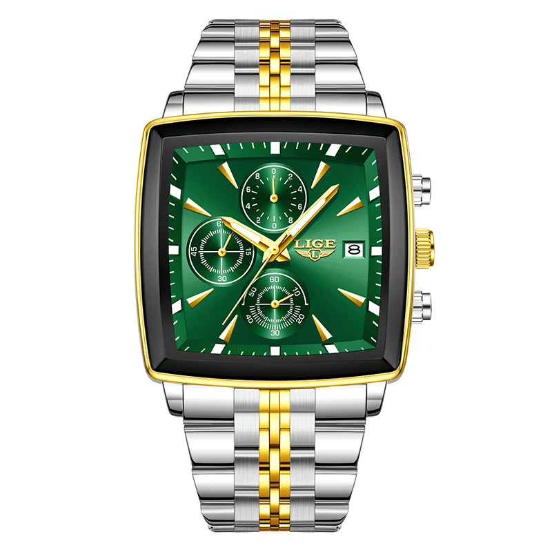 LIGE New Luxury Business Men Wristwatch Chronograph Waterproof Luminous Calendar Watch For Men Square Quartz Men's Watches Reloj