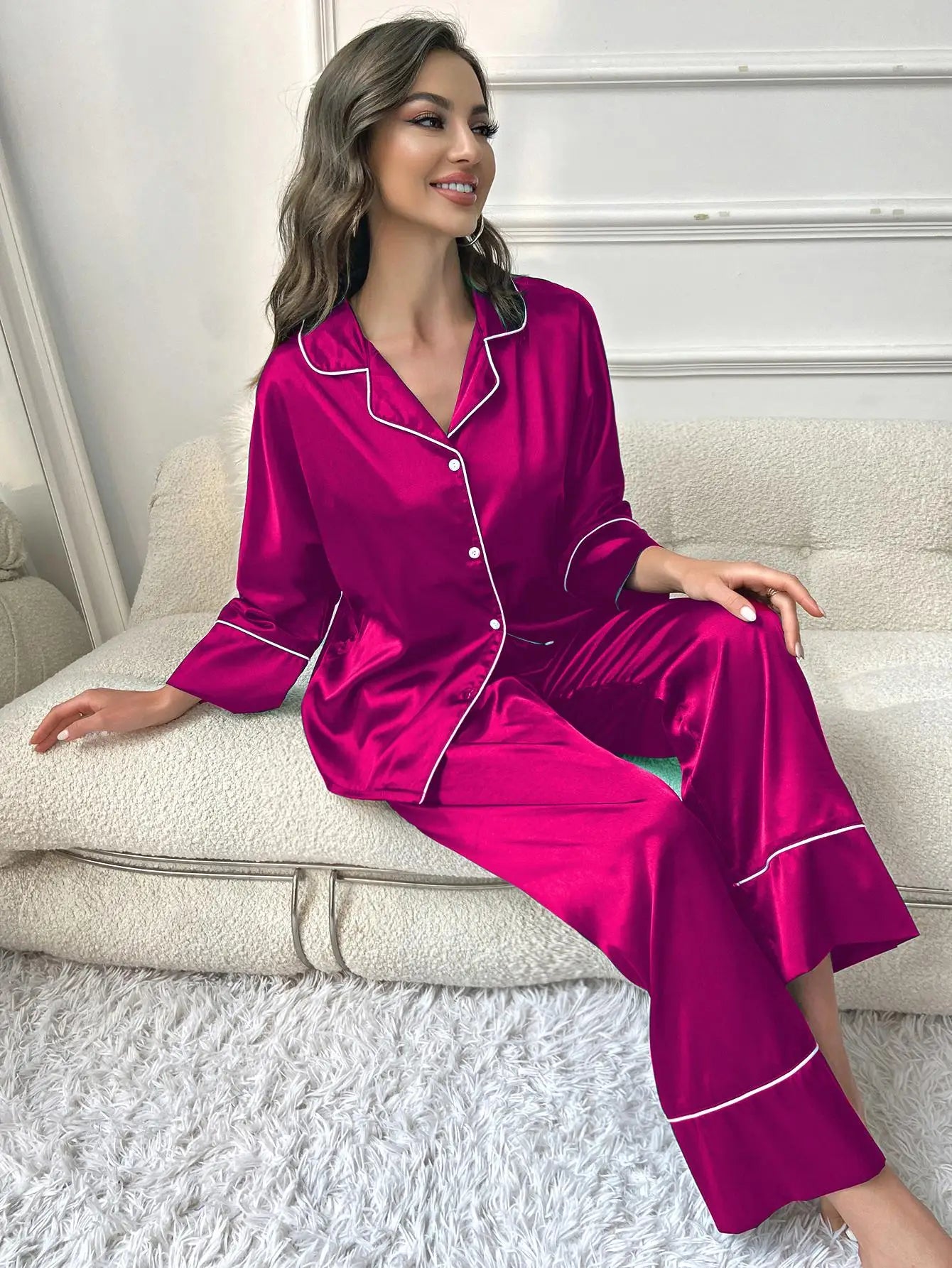 Women's Pajama Set Sleepwear Suit Loungewear Pj Set Satin Long Sleeve Tops With Pants 2 Pieces Pjs Pajamas for Women Pyjama