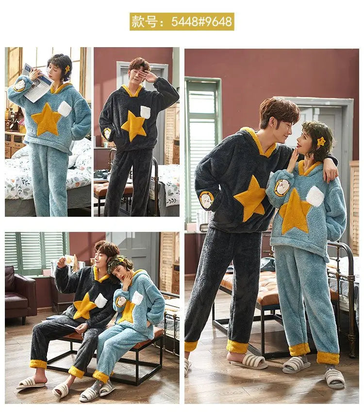 Couples Pajamas Women Men Winter Thicken Pyjamas Sleepwear Cartoon Dinosaur Korean Lovers Homewear Soft Warm Hoodies Pijama