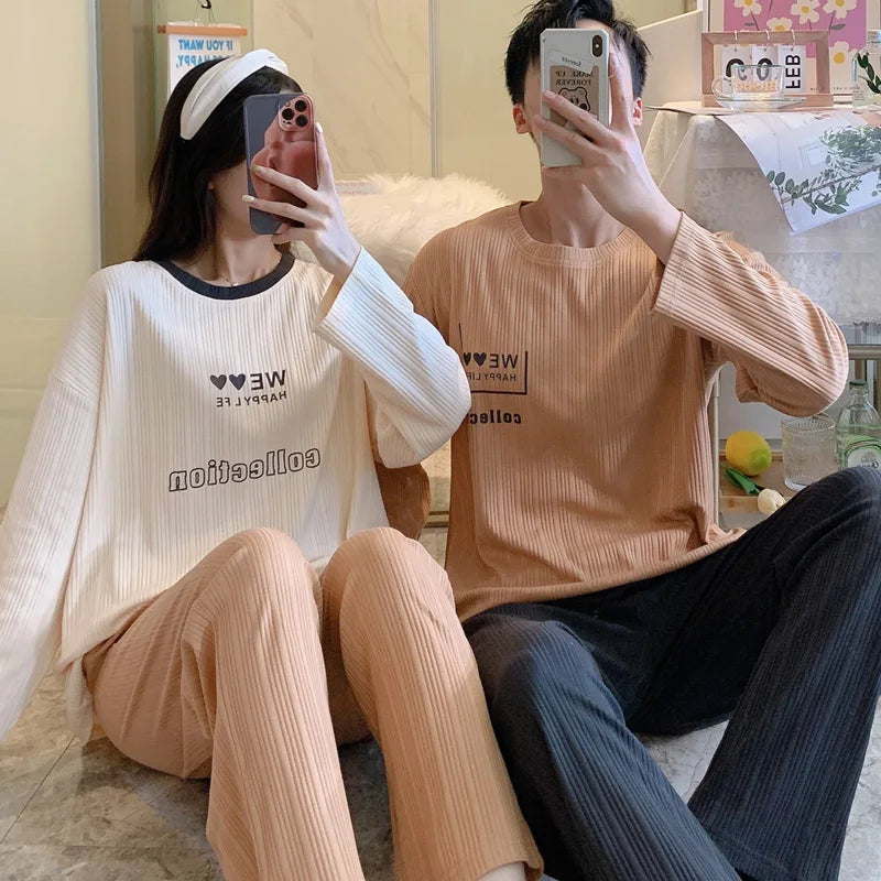 Couple's Pijama Sets M-3XL Autumn Spring Pajamas Lovely Cartoon Sleepwear Cotton Pyjamas For Women Man Top Pant Leisure Outwear