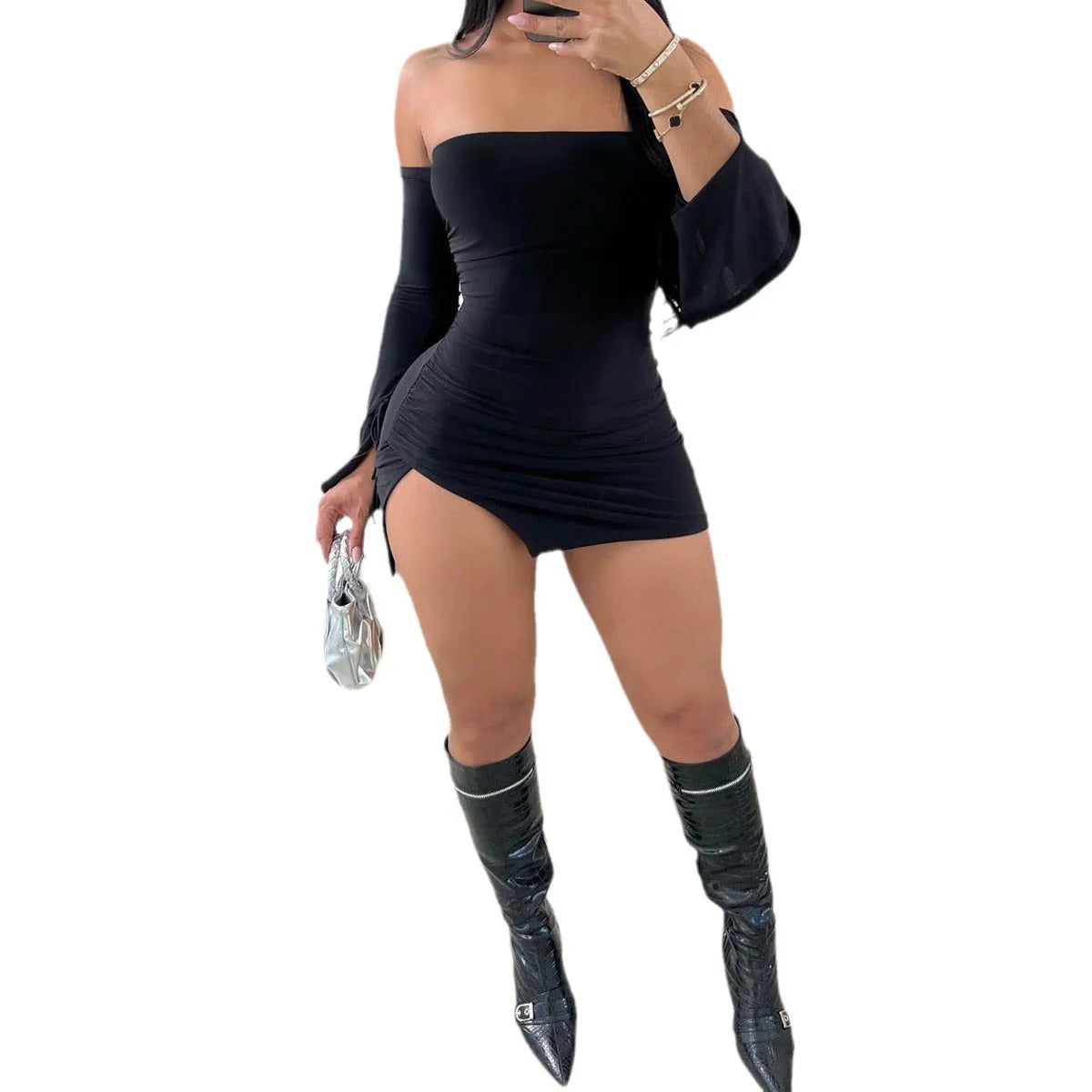 Women's Black Strapless Backless Mini Dress Off-Shoulder Long Sleeve Bodycon Club Party Dress for Women