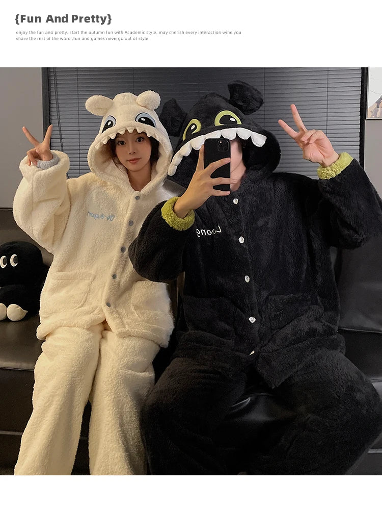 DAIMELU Toothless Boy Couple Pajamas Women's Autumn sleepwear Coral Fleece Fleece Thickened Hooded Men's Winter nightwear Set