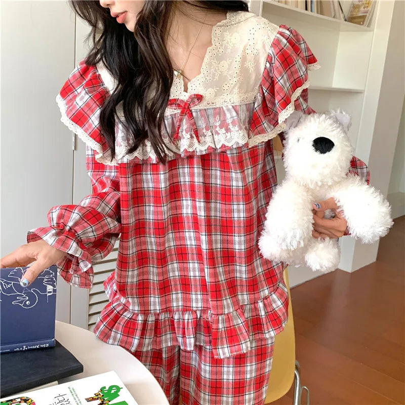 Loose Casual Couple Pajamas Sweet Lace Vintage Red Plaid  Thick  Nightwear Autumn Winter Princess Style Christmas Homewear D711