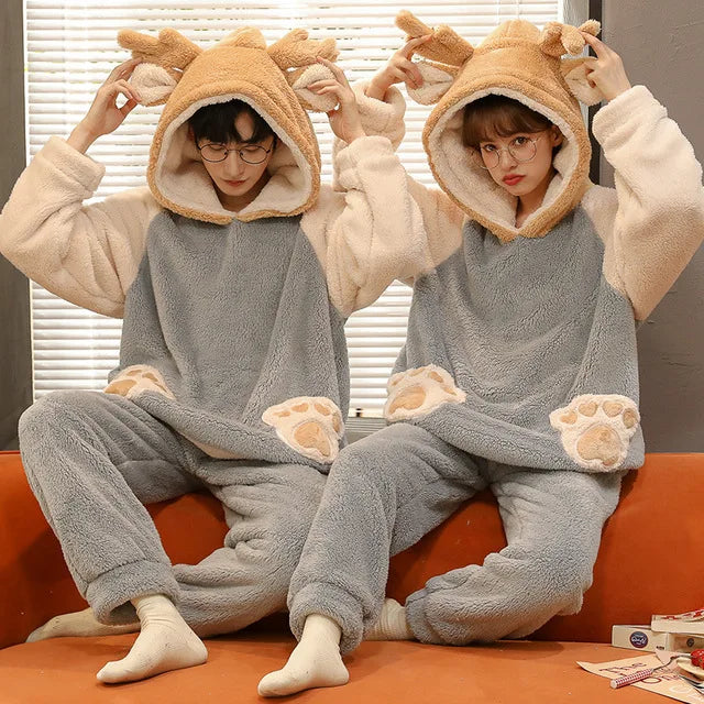 Couples Pajamas Sets Women Men Winter Thicken Pyjamas Sleepwear Cartoon Dinosaur Korean Lovers Homewear Soft Warm Pijama Hoodies