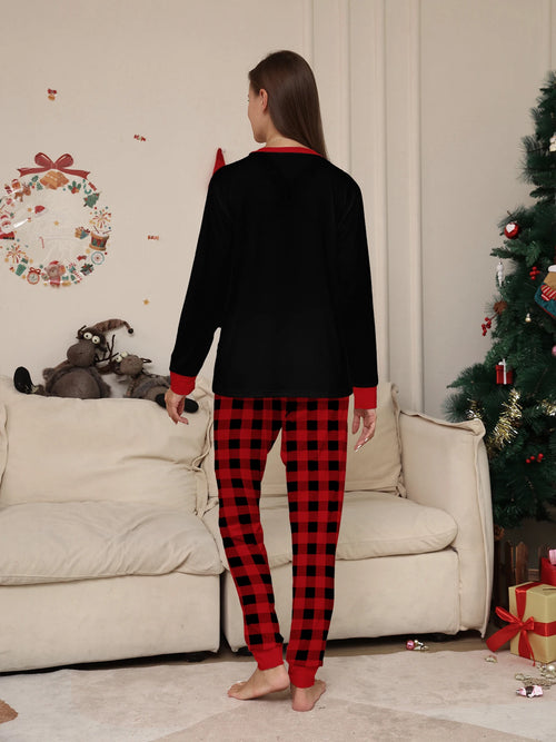 Christmas Couple Pajamas Set: Black Tops with Reindeer Horns & 'MERRY CHRISTMAS' Print, Red - Black Plaid Pants