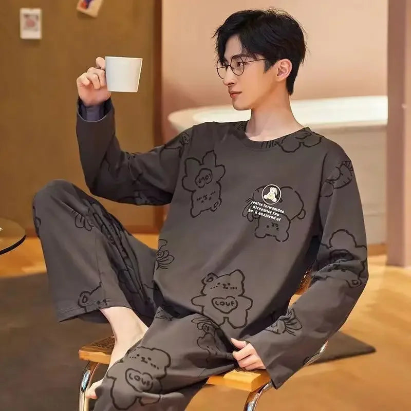 Men's Pajamas Set of Spring and Autumn Long-Sleeved Long Trousers Student Sleepwear Homewear Two-Piece O-Neck Top Plaid Trouser