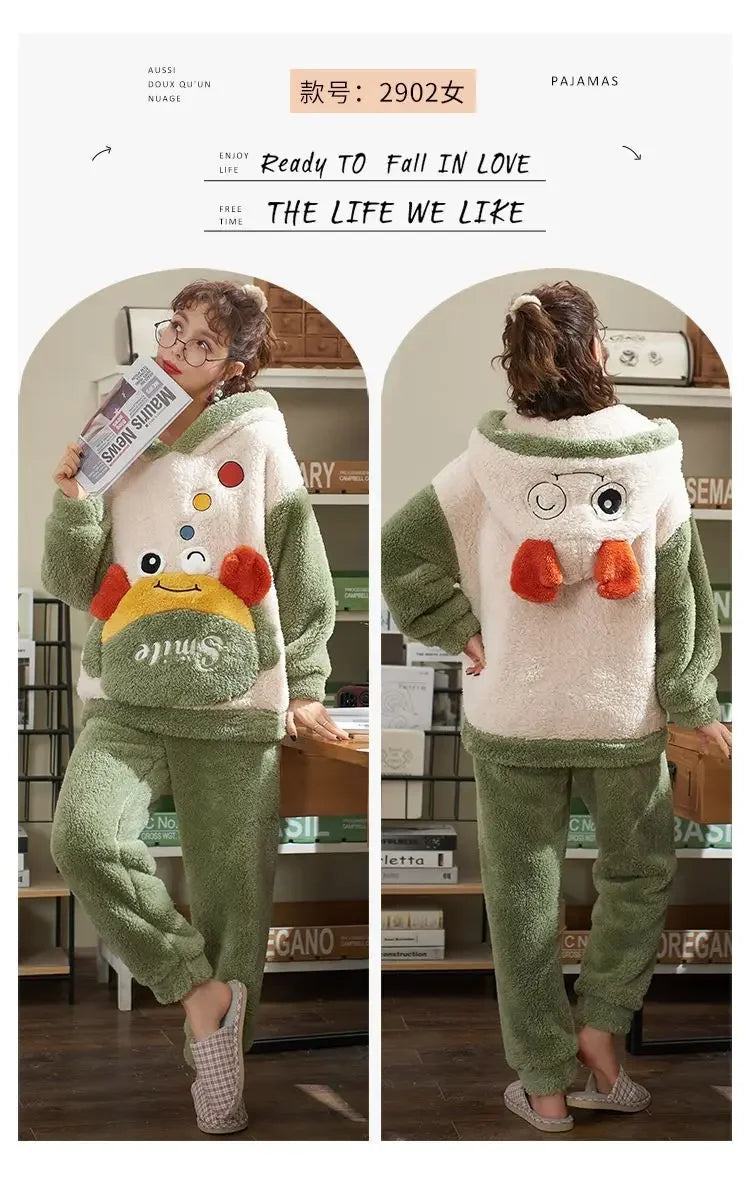 Couples Pajamas Women Men Winter Thicken Pyjamas Sleepwear Cartoon Dinosaur Korean Lovers Homewear Soft Warm Hoodies Pijama