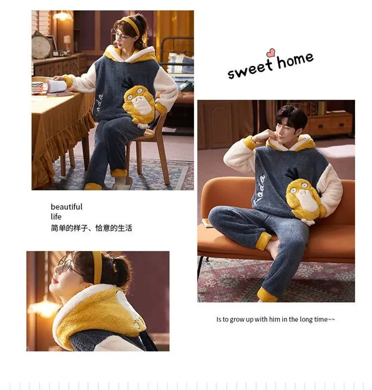 Couples Pajamas Women Men Winter Thicken Pyjamas Sleepwear Cartoon Dinosaur Korean Lovers Homewear Soft Warm Hoodies Pijama