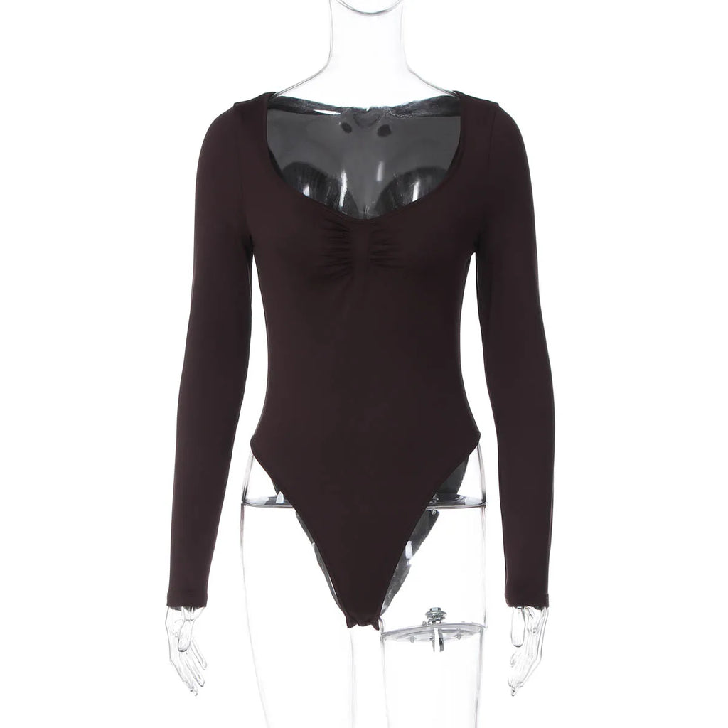 Dulzura O-Neck Long Sleeve Shirring Slim Bodysuit Women'S Solid Casual Versatile Romper Party Club Street Autumn Winter Clothes