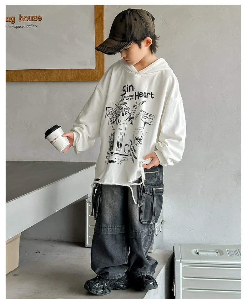Hoodie Kids Boys 2024 Autumn Teenager Clothes Kids Casual Cotton Hooded Sweatshirt Tops Costume 5 6 7 8 9 10 11 12 13 14 Years