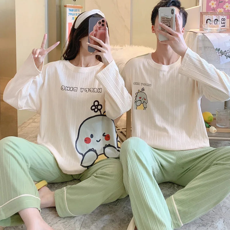 Couple's Pijama Sets M-3XL Autumn Spring Pajamas Lovely Cartoon Sleepwear Cotton Pyjamas For Women Man Top Pant Leisure Outwear