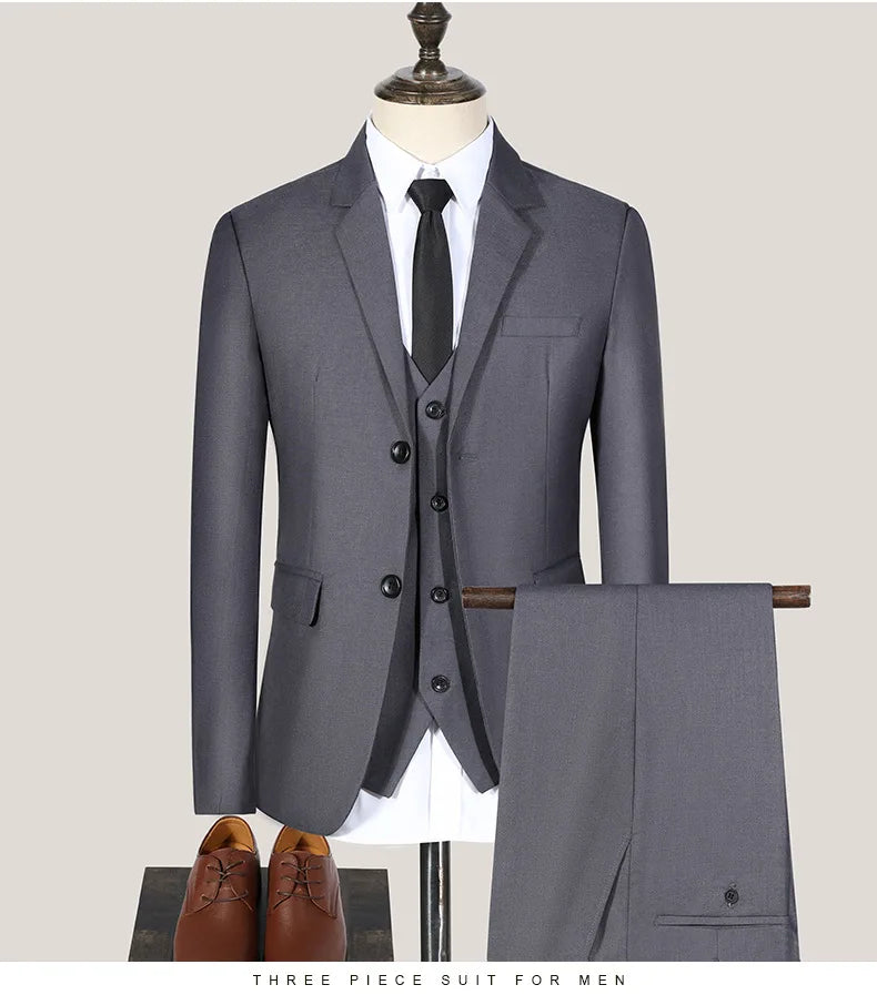 S-7XL Suit (Blazer+vest+pants) Business Dinner Gentleman Slim Gentleman Men British Style Dress Best Man Solid Color Group Suit
