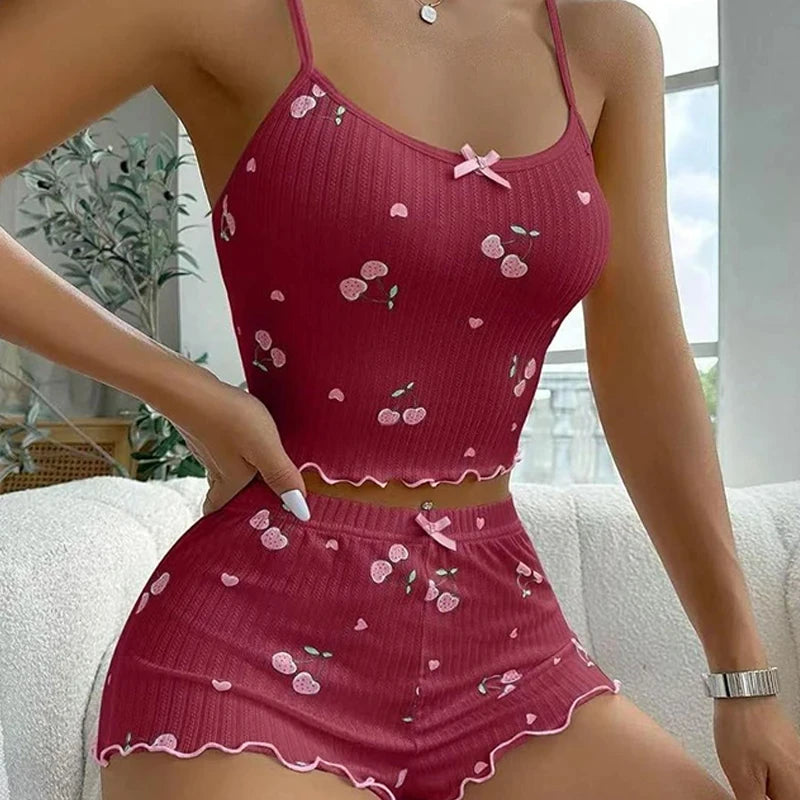 Sleepwear Women's Summer Pajama Set Heart Print Sexy Ribbed Bow Decor Round Neck Backless Crop Cami Top & Shorts Nightwear