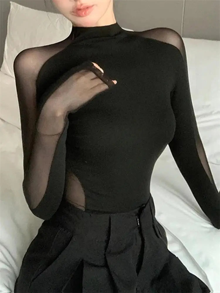 Sexy Hollow-out Mesh Patchwork Black Top for Women's Autumn Chic Long Sleeved T-shirt See Through Trend Club