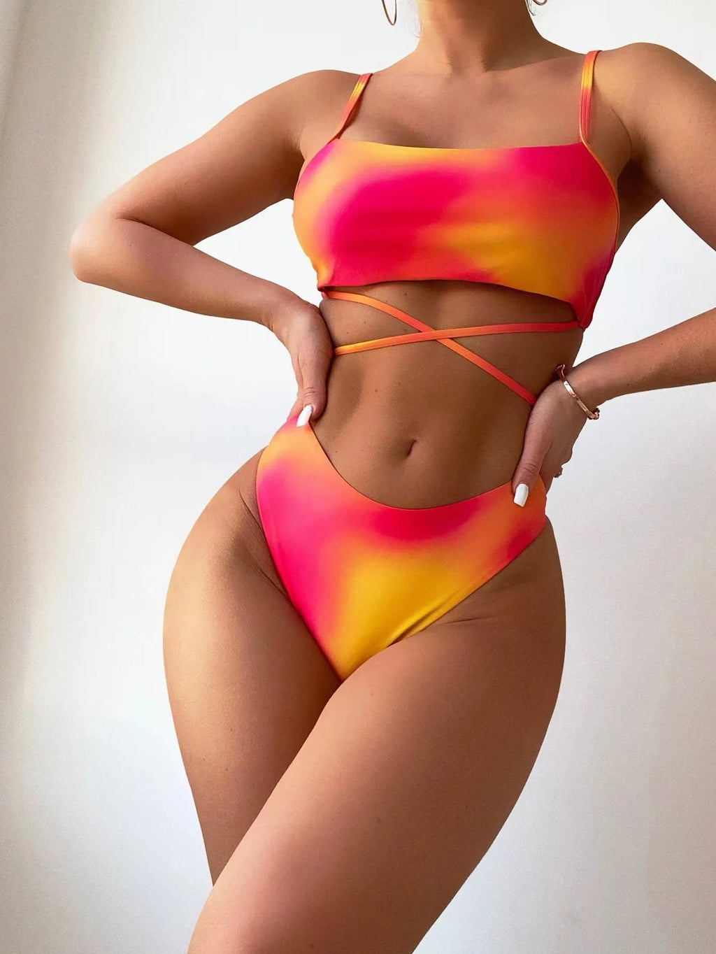 Tie Dye Bikini Swimsuit Women's Three Piece Set Mesh Skirt Split Body Suspender Fashionable Swimsuit Padded Bikini Set Swimwear