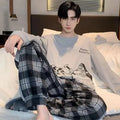 Men's Pajamas Set of Spring and Autumn Long-Sleeved Long Trousers Student Sleepwear Homewear Two-Piece O-Neck Top Plaid Trouser