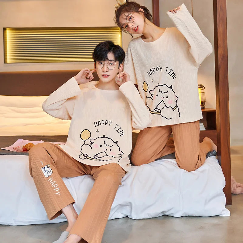Couple's Pijama Sets M-3XL Autumn Spring Pajamas Lovely Cartoon Sleepwear Cotton Pyjamas For Women Man Top Pant Leisure Outwear