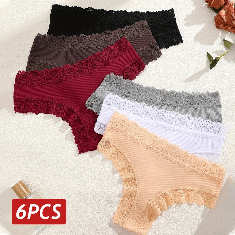 6PCS/Set Sexy Lace Cotton Panties Women Brazilian Panties Ladies Sexy Low Waist Elastic T-Back Bikini Solid Soft Lingerie S-XL