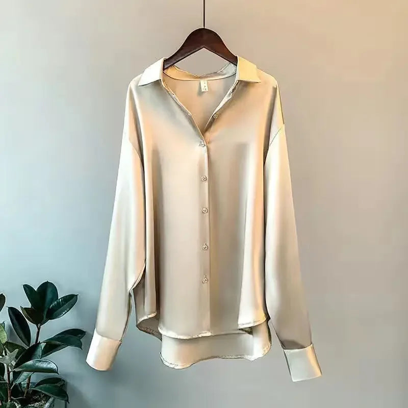 Elegant Shirts & Blouses Summer Autumn Long-sleeved Satin Shirt with All Hanging Vintage Solid Color Casual Shirt Blouse Tops