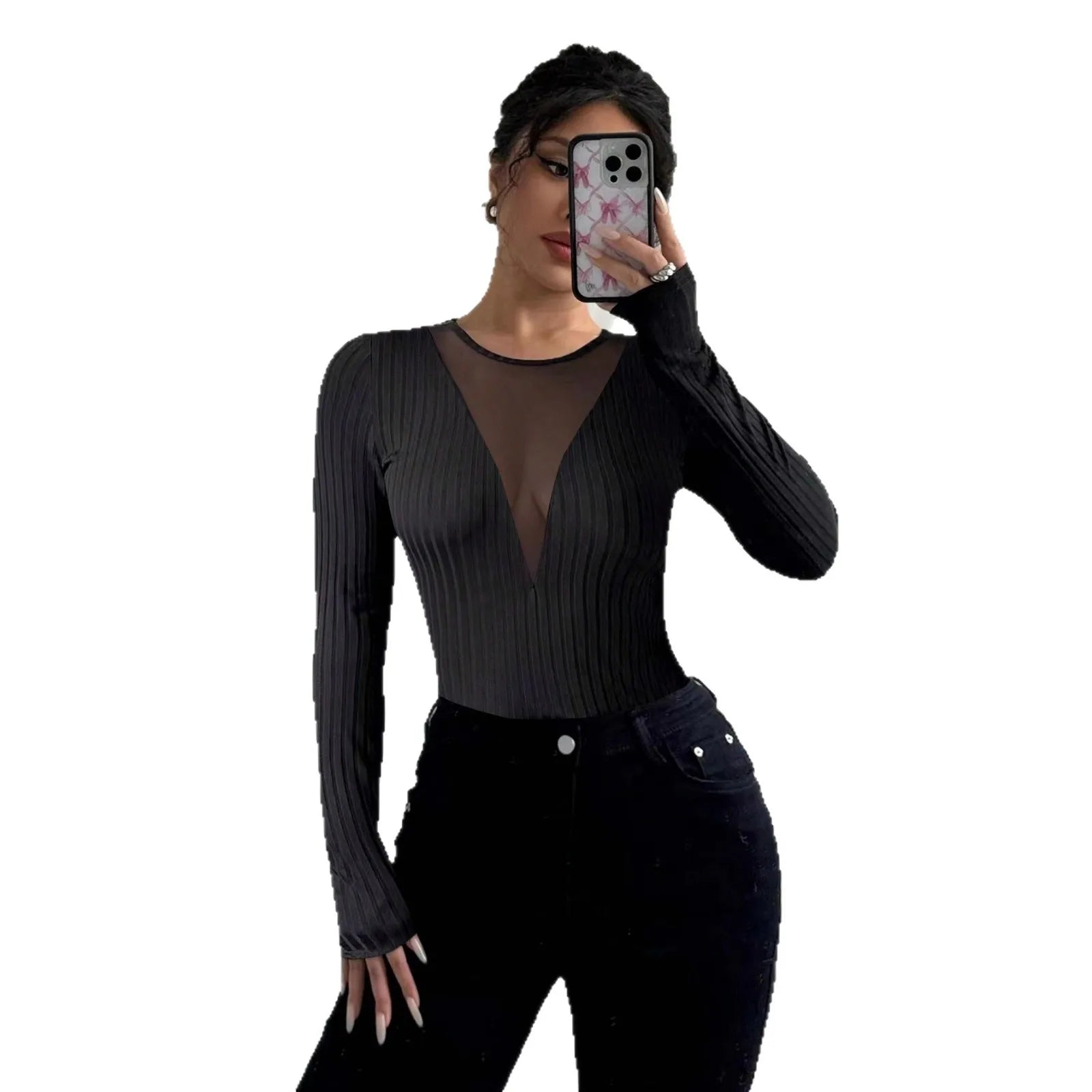 2025 Woman Clothing Top Women T-shirt Tank New Women's Sexy Front Mesh Panel Cutout Solid Color Long Sleeve T-Shirt Slim Fit Top
