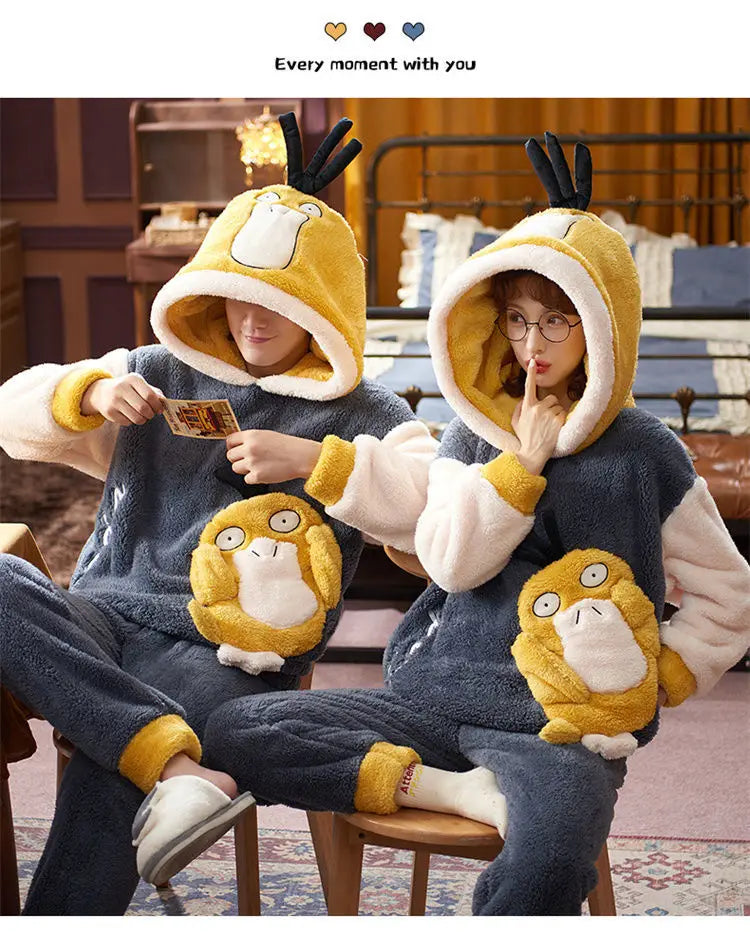 Couples Pajamas Women Men Winter Thicken Pyjamas Sleepwear Cartoon Dinosaur Korean Lovers Homewear Soft Warm Hoodies Pijama