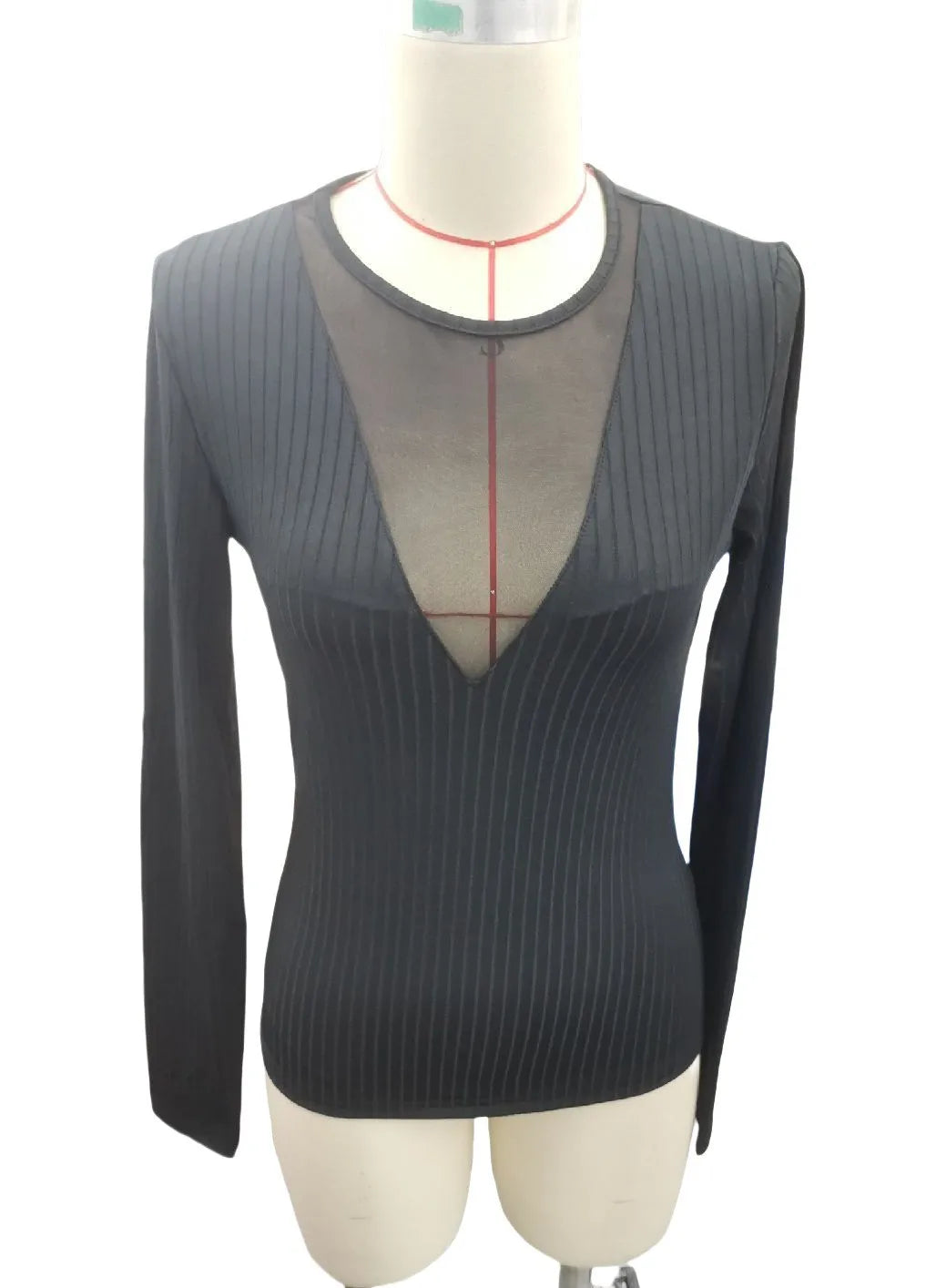 2025 Woman Clothing Top Women T-shirt Tank New Women's Sexy Front Mesh Panel Cutout Solid Color Long Sleeve T-Shirt Slim Fit Top