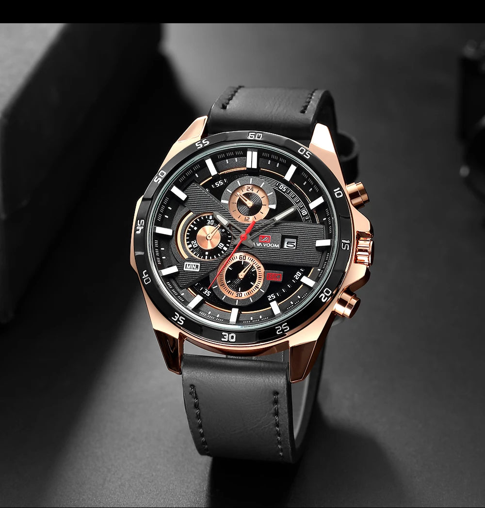 Top Men Watch Sports Style 46mm Large Leather Racing Style Casual Fashion Original Black Rose Gold Calendar Quartz Watch Relogio