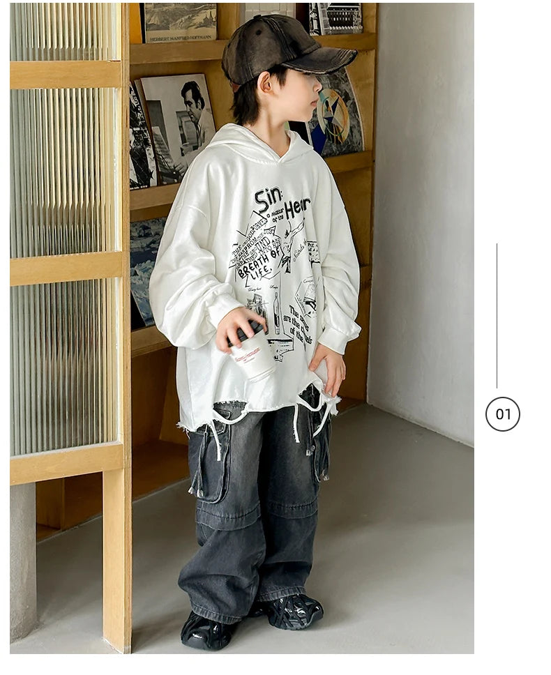 Hoodie Kids Boys 2024 Autumn Teenager Clothes Kids Casual Cotton Hooded Sweatshirt Tops Costume 5 6 7 8 9 10 11 12 13 14 Years