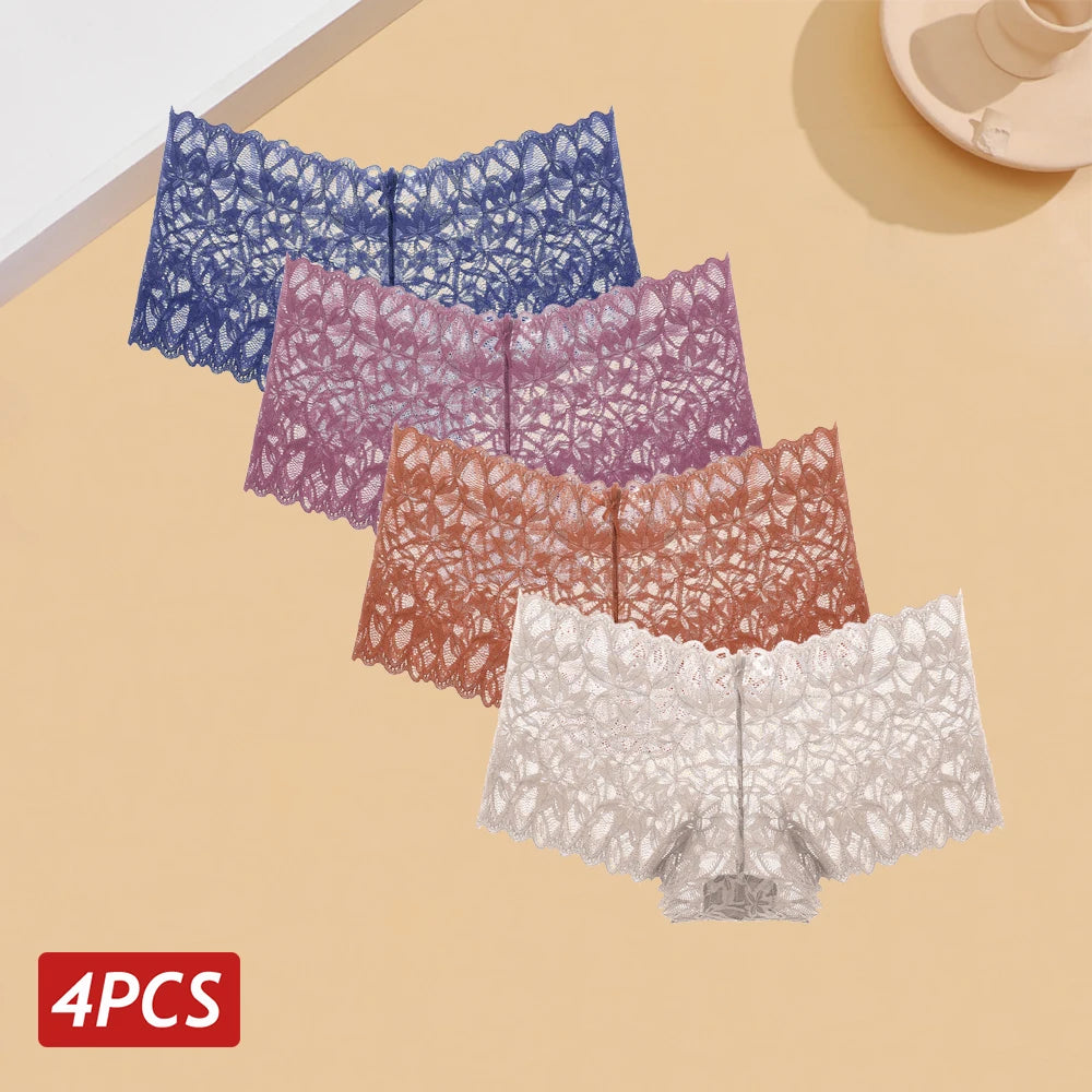 4PCS Women Floral Lace Panties Sexy Perspective Underwear V Waist Solid Color Underpants Female Breathable Intimates Lingerie