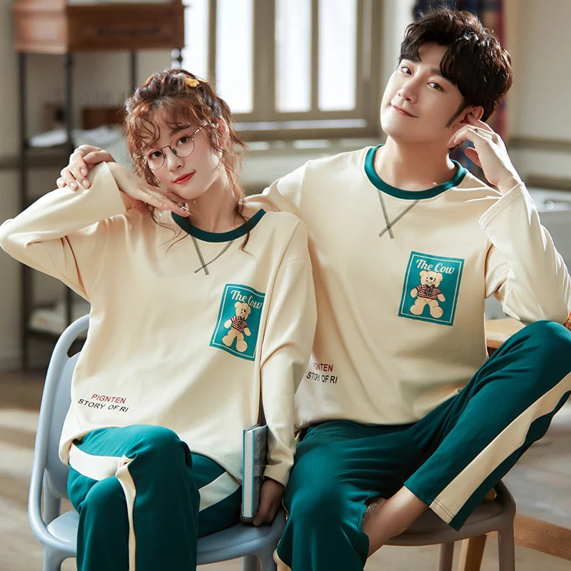 Couple's Pijama Sets M-3XL Autumn Spring Pajamas Lovely Cartoon Sleepwear Cotton Pyjamas For Women Man Top Pant Leisure Outwear