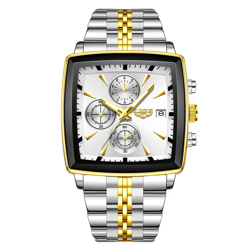 LIGE New Luxury Business Men Wristwatch Chronograph Waterproof Luminous Calendar Watch For Men Square Quartz Men's Watches Reloj