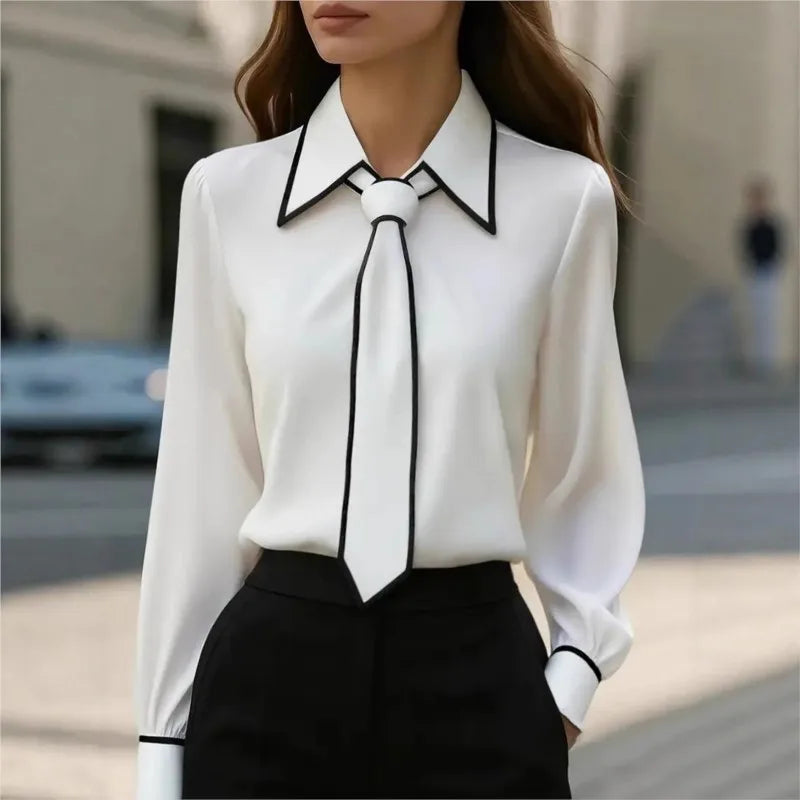 Women's Shirt Formal Bow Tie Long-sleeved Office Lady Shirt Women Fashionable Solid Color Autumn Shirt Blouses White Tops
