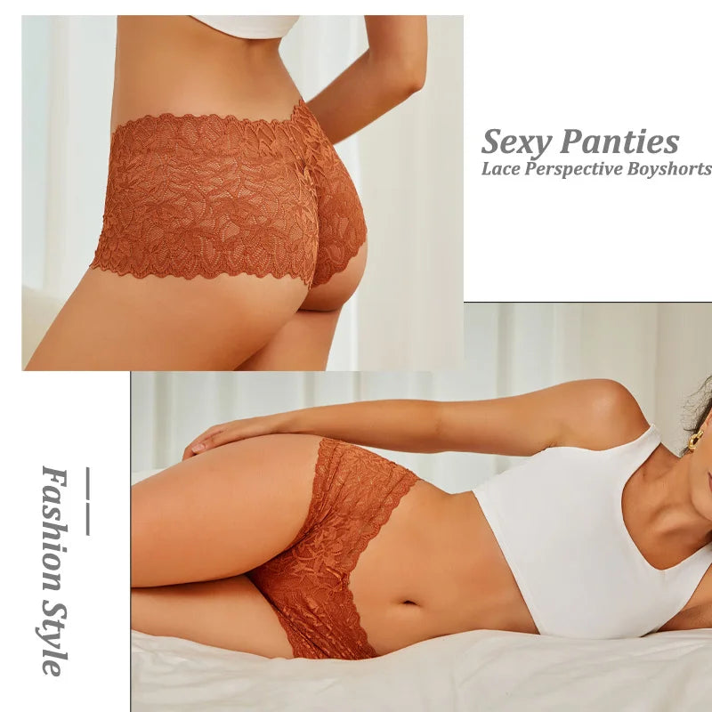 4PCS Women Floral Lace Panties Sexy Perspective Underwear V Waist Solid Color Underpants Female Breathable Intimates Lingerie