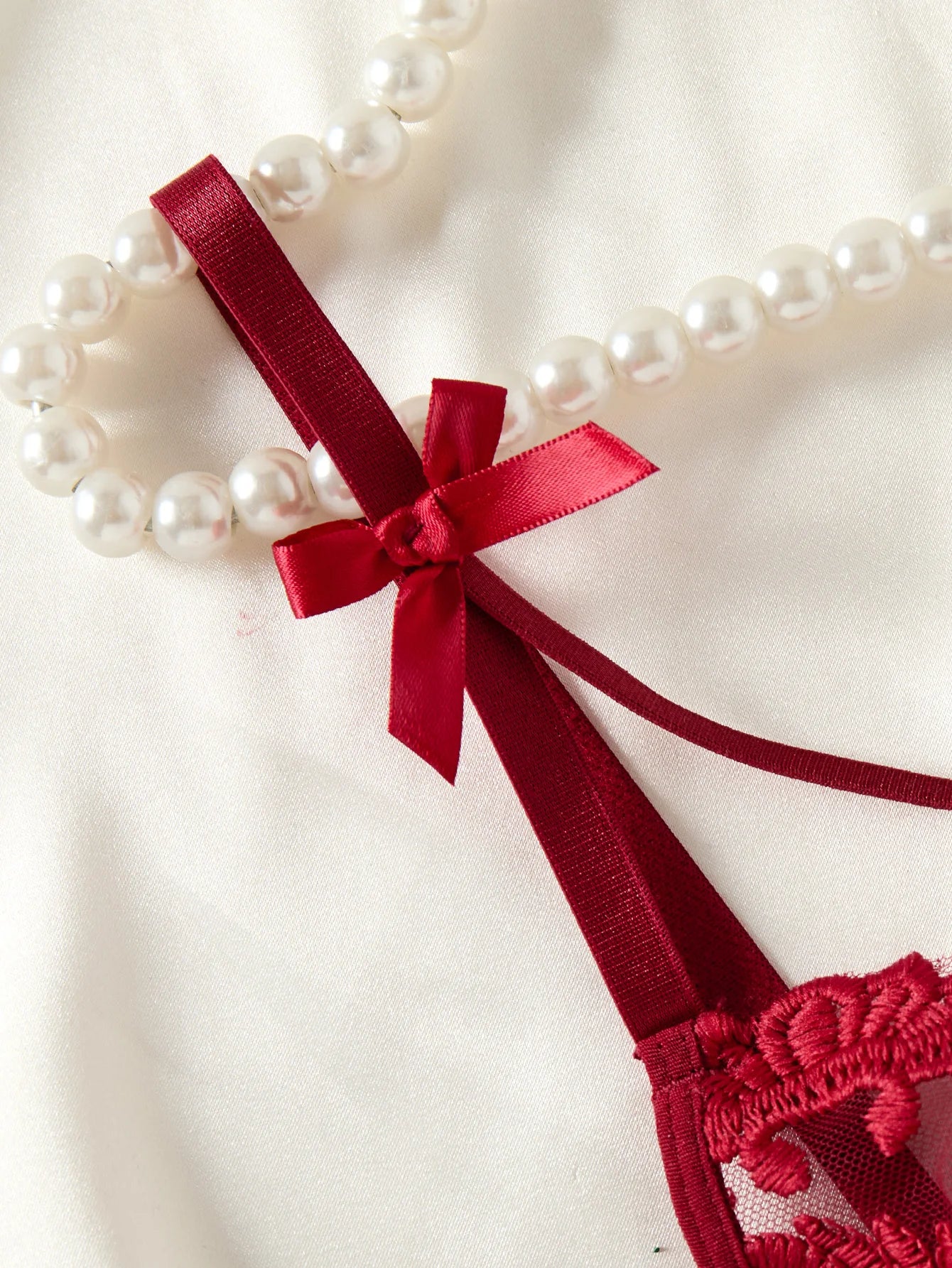 Wine Red Ladies' countryside style wheat ear embroidery semi transparent nightgown, elegant and comfortable, bow design ZA825066