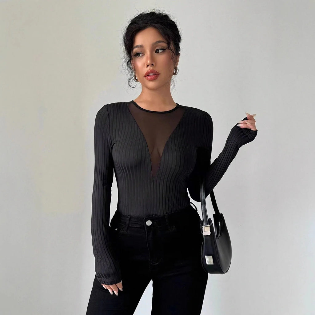 2025 Woman Clothing Top Women T-shirt Tank New Women's Sexy Front Mesh Panel Cutout Solid Color Long Sleeve T-Shirt Slim Fit Top