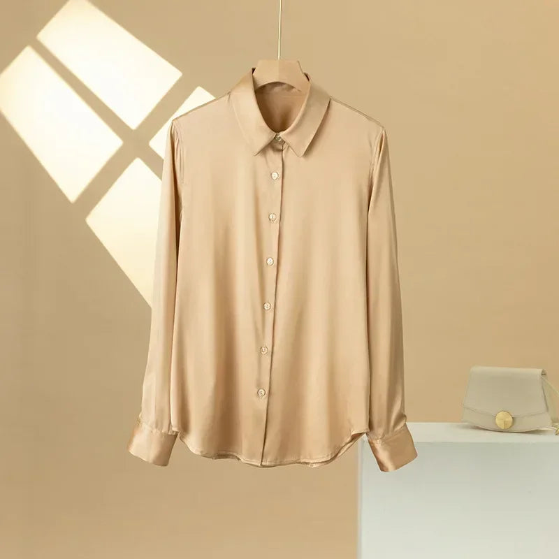 Woman Silk Shirt Long-sleeved Satin Women Blouse 19mm Mulberry Silk Blouse Loose Versatile Base Shirt 95% Natural Silk+5%Spandex