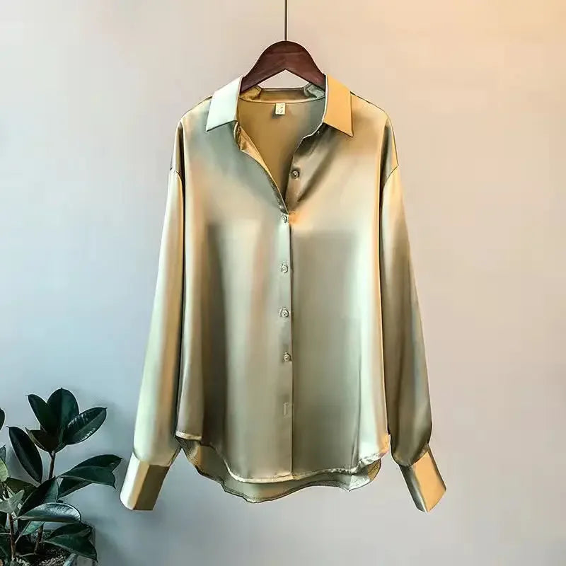Elegant Shirts & Blouses Summer Autumn Long-sleeved Satin Shirt with All Hanging Vintage Solid Color Casual Shirt Blouse Tops