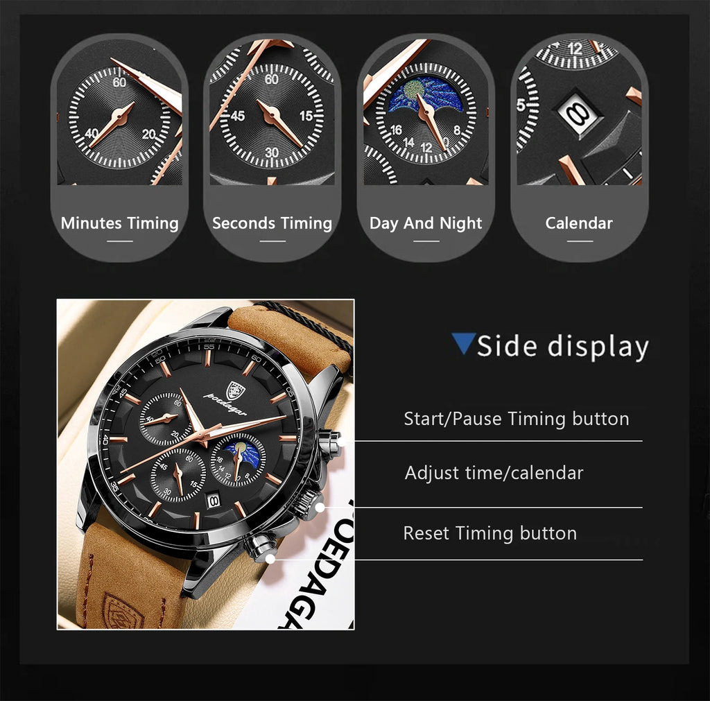 POEDAGAR Luxury Stylish Male Wristwatch Waterproof Chronograph Luminous Date Man Watch Leather Quartz Sports Men's Watches Reloj