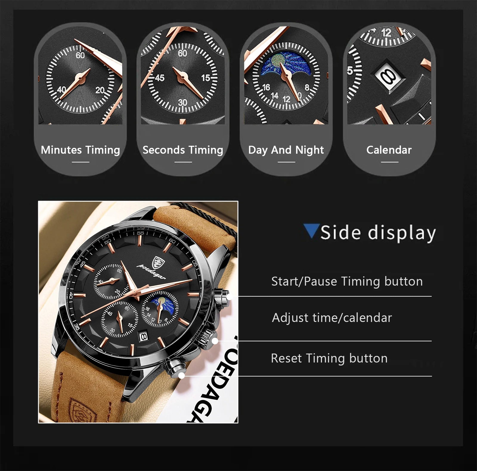 POEDAGAR Luxury Stylish Male Wristwatch Waterproof Chronograph Luminous Date Man Watch Leather Quartz Sports Men's Watches Reloj