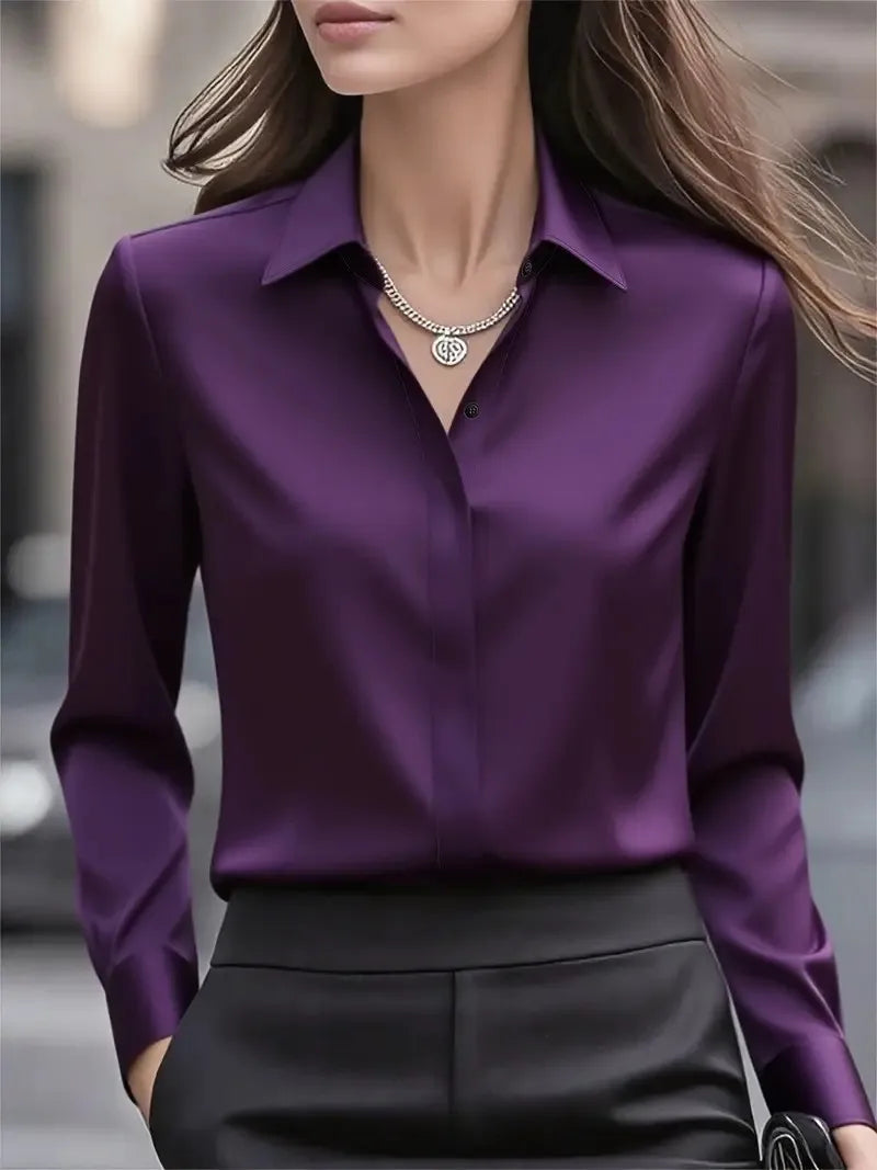 Autumn Solid Color Long-sleeved Versatile Shirt Lapel Satin Shirt